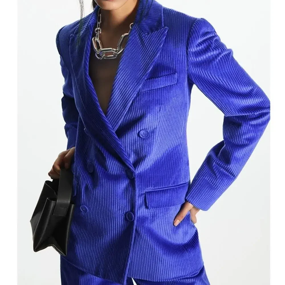 COS Double-Breasted Corduroy Blazer Jacket Bright Blue Cobalt Size 2 Statement